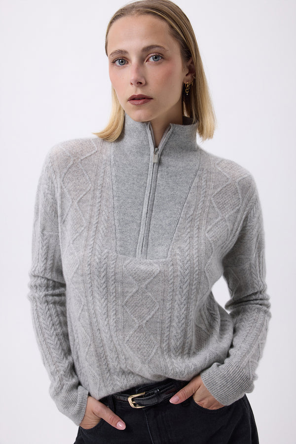 Pull Grand Col Montant Zippé Torsades F Malka - Gris Clair - Femme