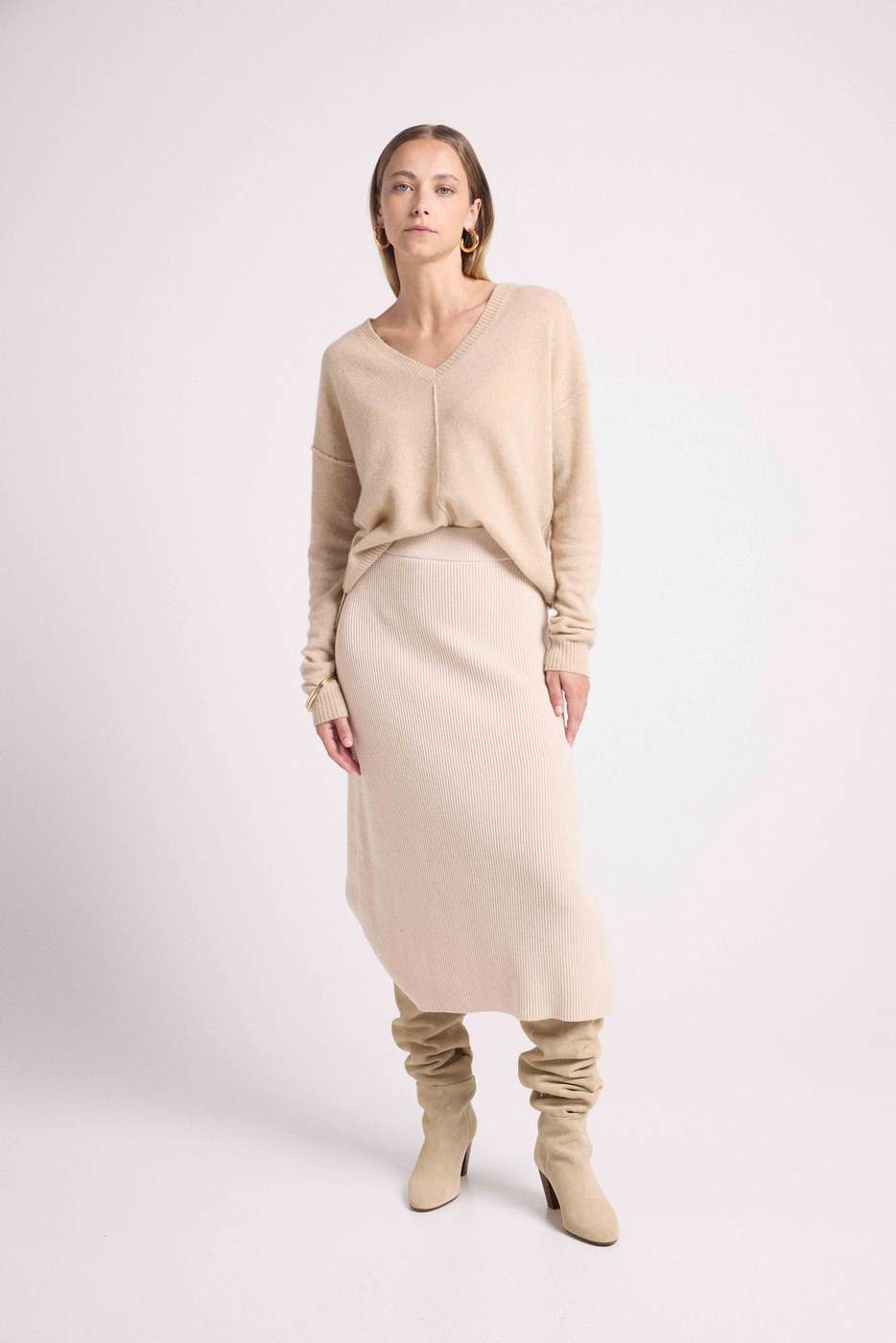 Jersey Cuello de Pico Oversize Costuras Manon - Beige Crema
