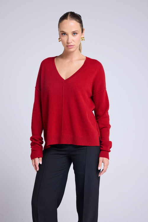 Pull Col V Oversize Coutures Manon - Rouge Bordeau