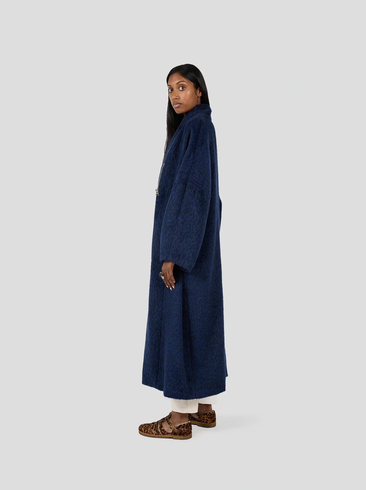 Eren Coat In Blue Wool With Leopard Print