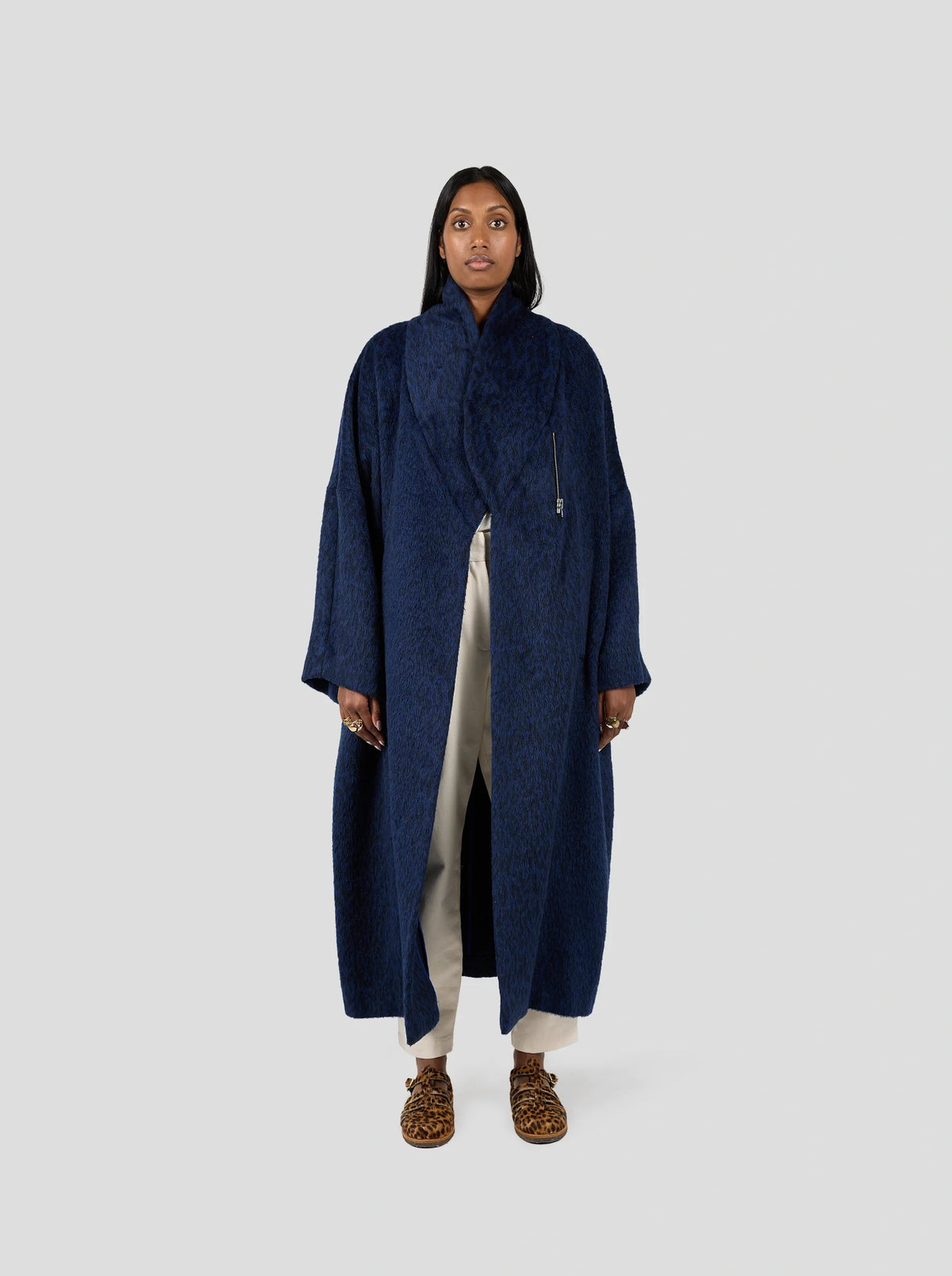 Eren Coat In Blue Wool With Leopard Print