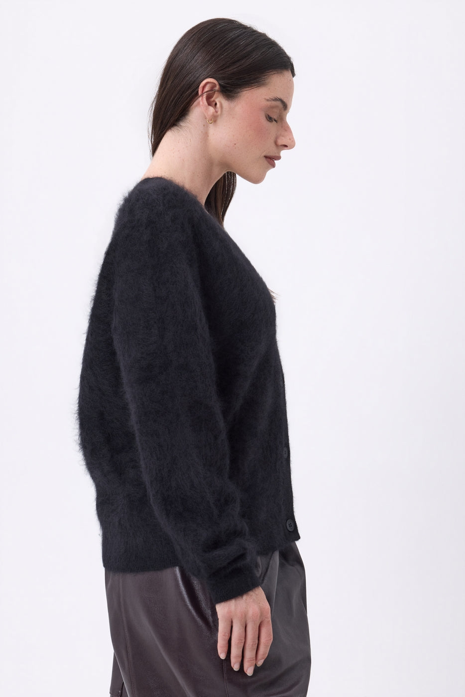 Cárdigan de cuello en V – Cachemira cepillada Marianne - Negro - Mujer