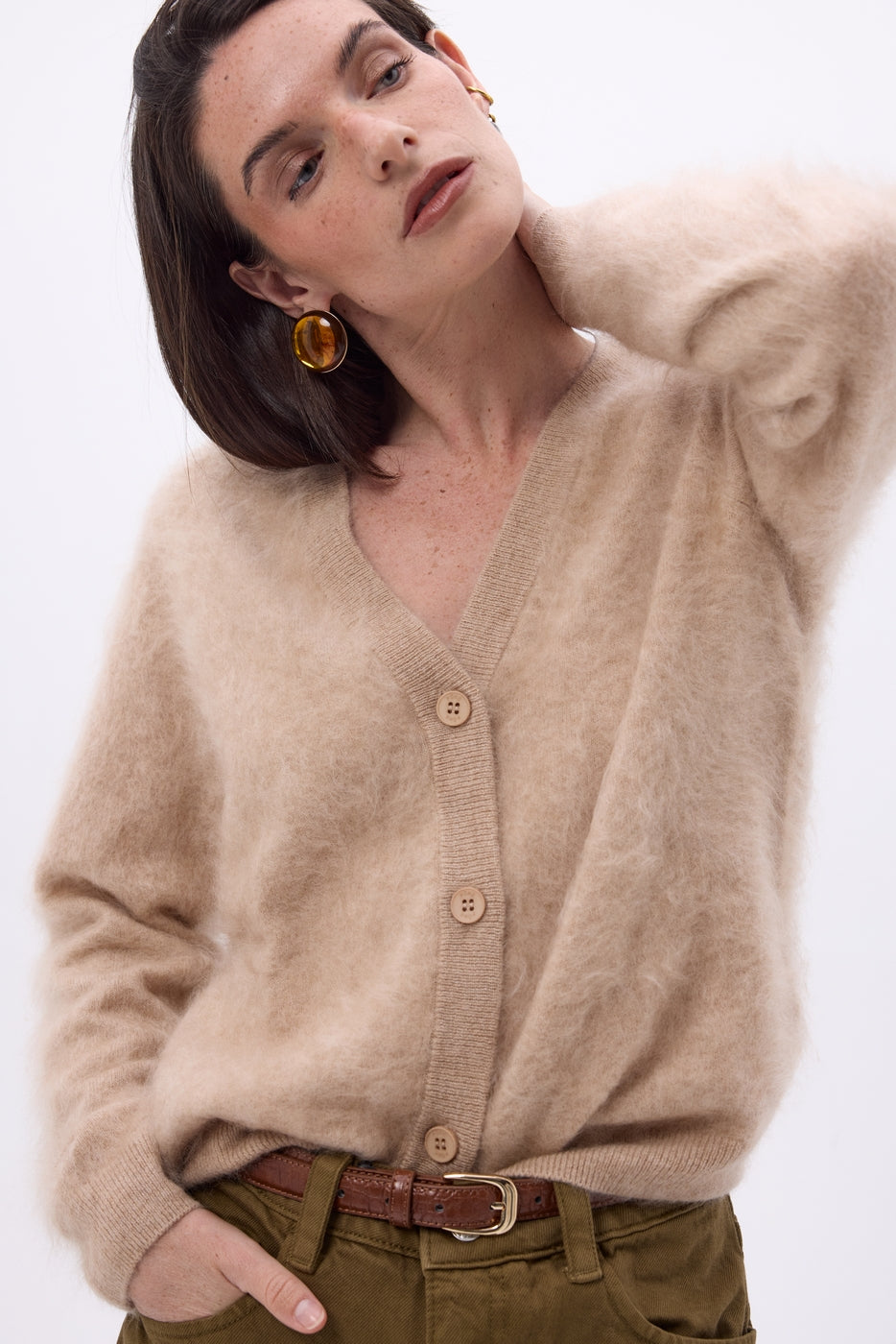 Marianne V-Neck Cardigan – Brushed Cashmere - Cream Beige - Women