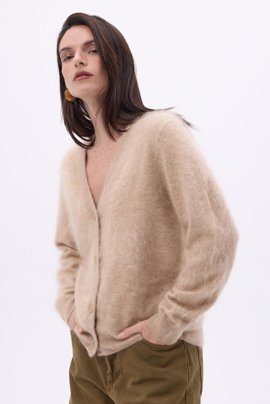Marianne V-Neck Cardigan – Brushed Cashmere - Cream Beige - Women