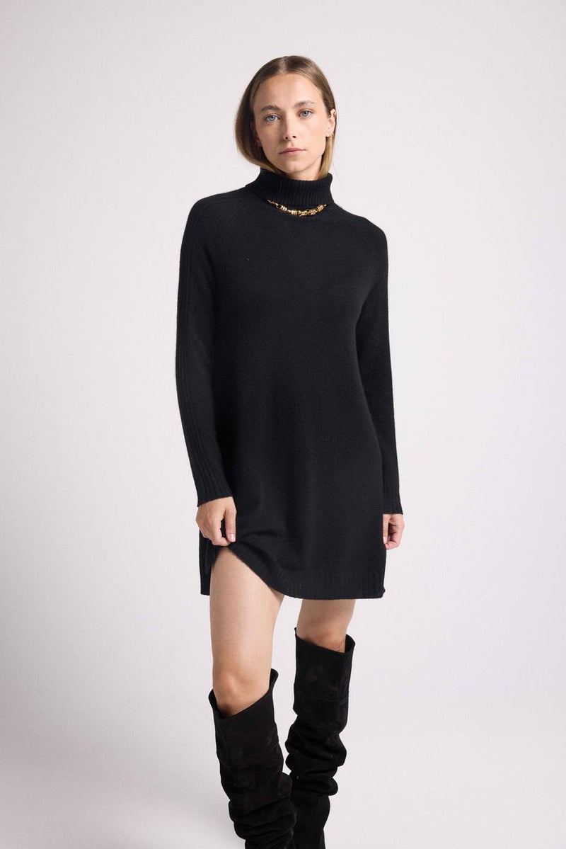 Ample Roll Neck Dress Marie - Black - 100% Cashmere Oeko-Tex - Woman