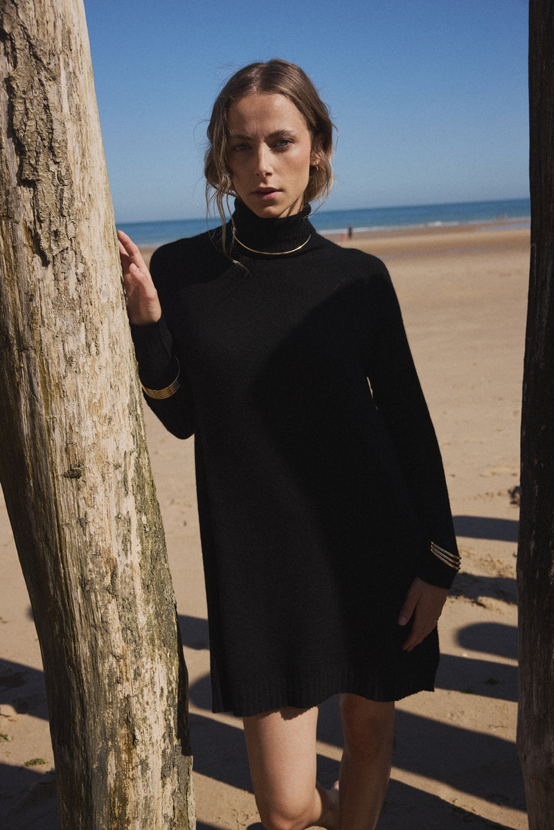 Ample Roll Neck Dress Marie - Black - 100% Cashmere Oeko-Tex - Woman