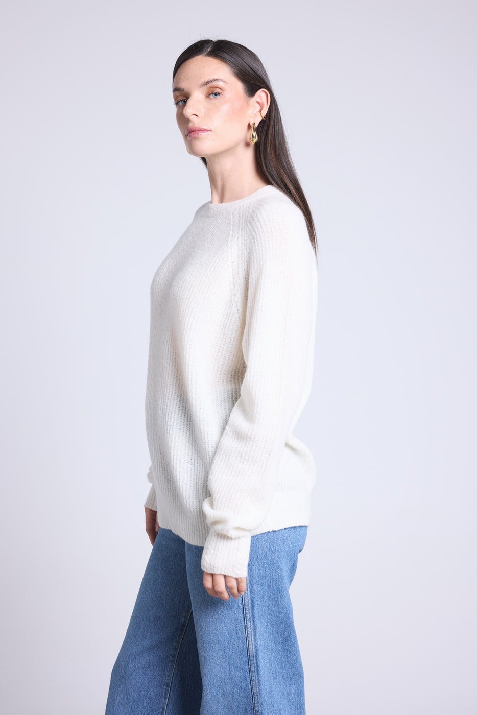 Pull Col Rond Cachemire Boucle Marisol - Blanc Casse - Femme
