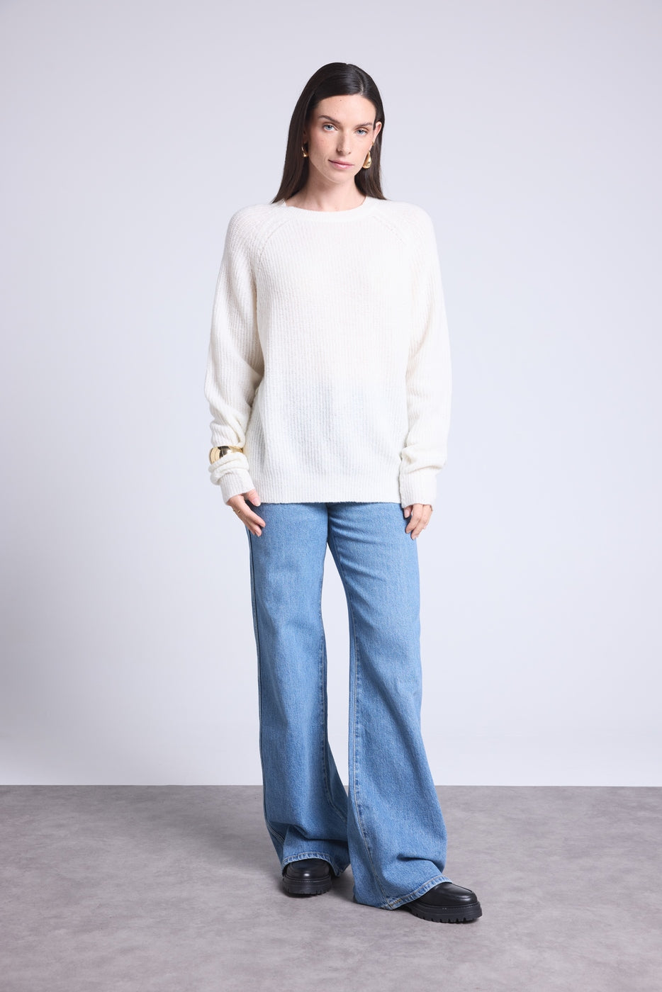 Pull Col Rond Cachemire Boucle Marisol - Blanc Casse - Femme