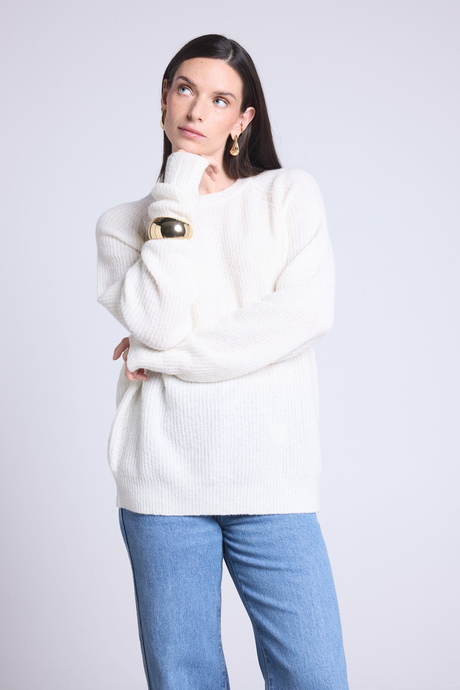Pull Col Rond Cachemire Boucle Marisol - Blanc Casse - Femme