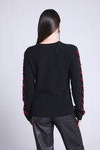 Pull Col Rond Lacets Manches Marta - Noir Rouge - Femme
