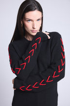 Pull Col Rond Lacets Manches Marta - Noir Rouge - Femme