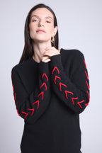 Pull Col Rond Lacets Manches Marta - Noir Rouge - Femme