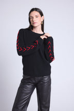 Pull Col Rond Lacets Manches Marta - Noir Rouge - Femme