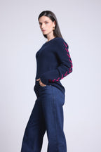 Jersey de cuello redondo con cordones en las mangas Marta - Azul marino fucsia - Mujer
