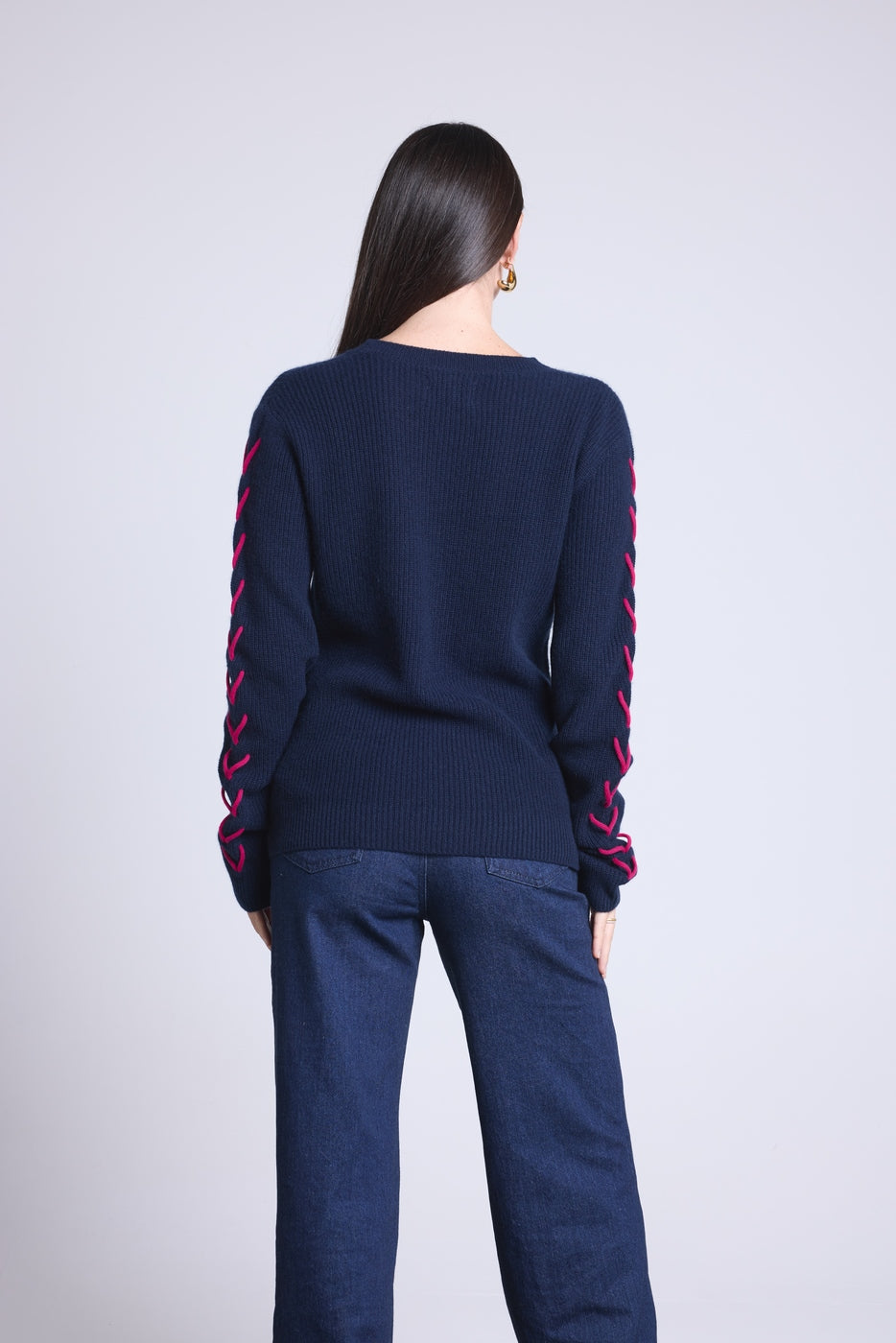 Jersey de cuello redondo con cordones en las mangas Marta - Azul marino fucsia - Mujer