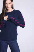 Jersey de cuello redondo con cordones en las mangas Marta - Azul marino fucsia - Mujer