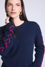 Jersey de cuello redondo con cordones en las mangas Marta - Azul marino fucsia - Mujer