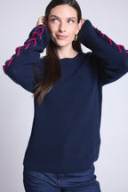 Jersey de cuello redondo con cordones en las mangas Marta - Azul marino fucsia - Mujer