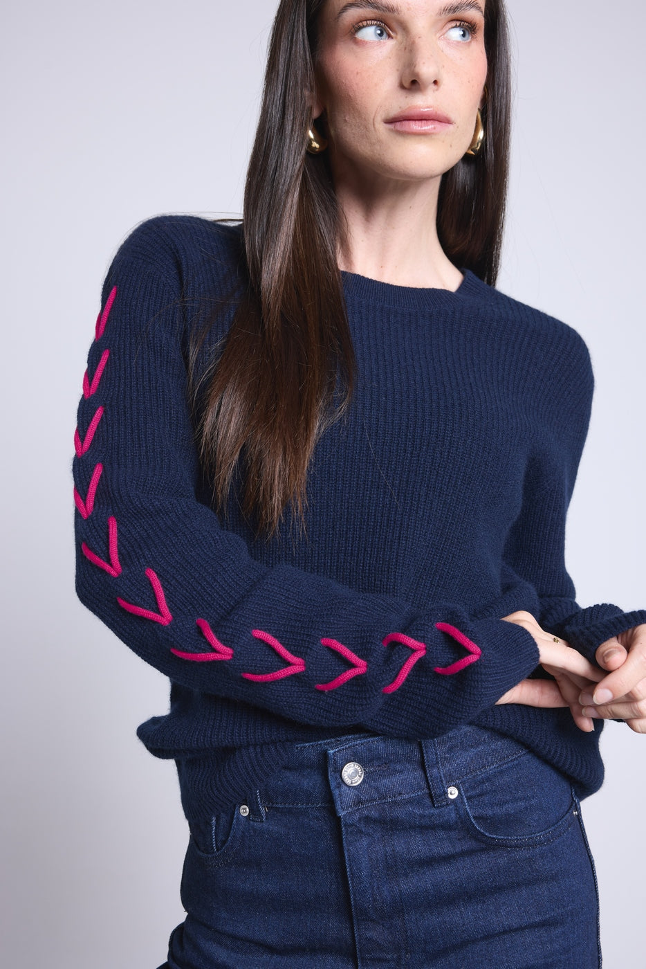 Jersey de cuello redondo con cordones en las mangas Marta - Azul marino fucsia - Mujer