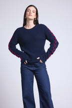 Jersey de cuello redondo con cordones en las mangas Marta - Azul marino fucsia - Mujer