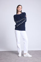Maglione Girocollo Lacci Maniche Marta - Blu Marino E Bianco - Donna - 100% Cashmere