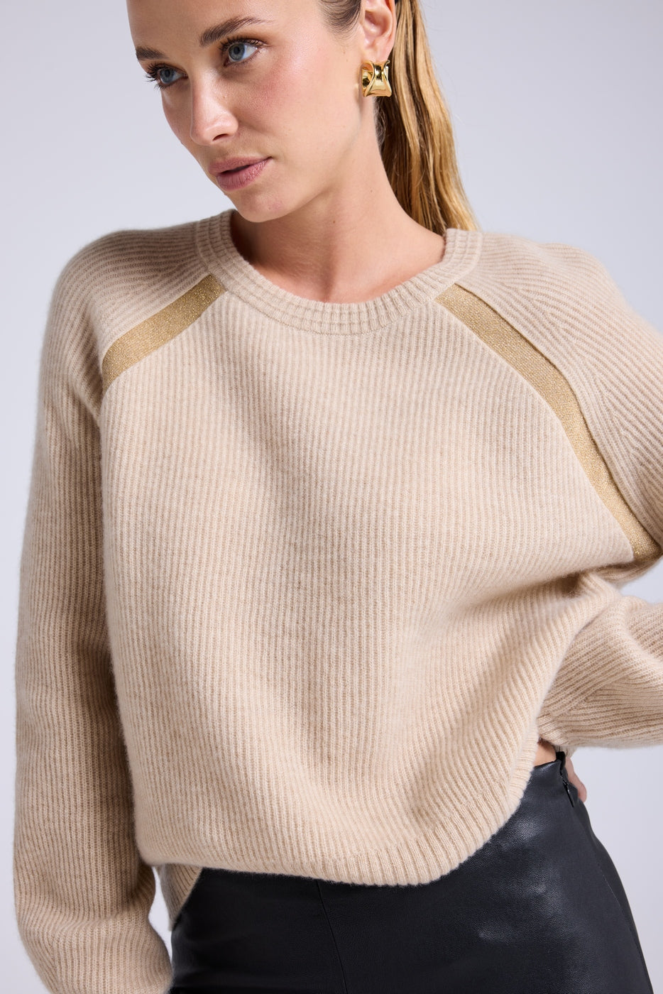 Pull Raglan Lurex Marzia - Beige Crème Et Doré