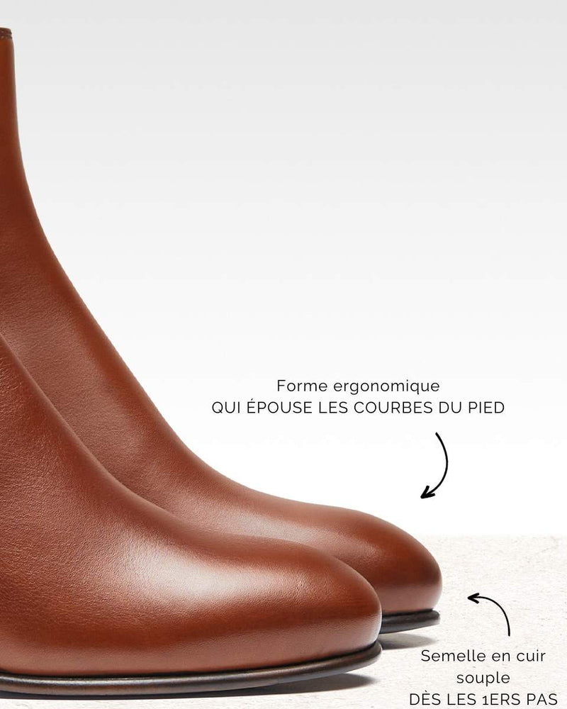 Bottines À Talon Maud - Cuir Cognac - Semelle Cuir - Femme