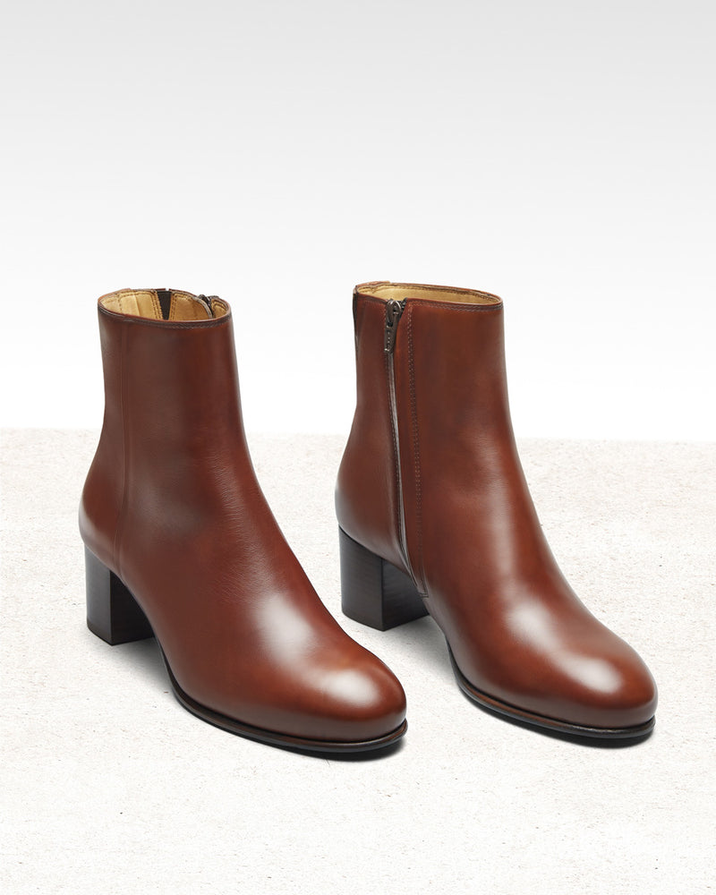 Bottines À Talon Maud - Cuir Cognac - Semelle Cuir - Femme