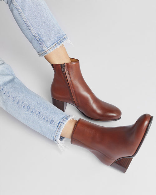 Bottines À Talon Maud - Cuir Cognac - Semelle Cuir - Femme