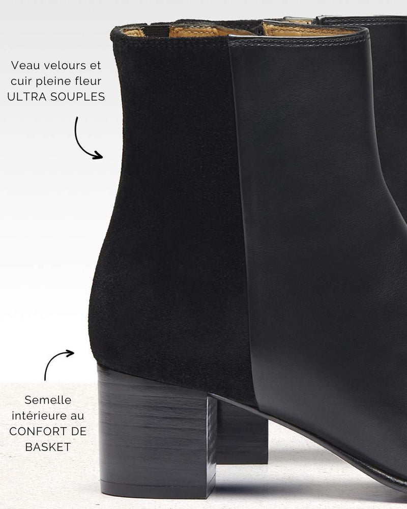 Bottines À Talon Maud - Cuir Et Daim Noir - Semelle Cuir - Femme