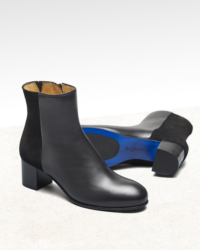 Bottines À Talon Maud - Cuir Et Daim Noir - Semelle Cuir - Femme