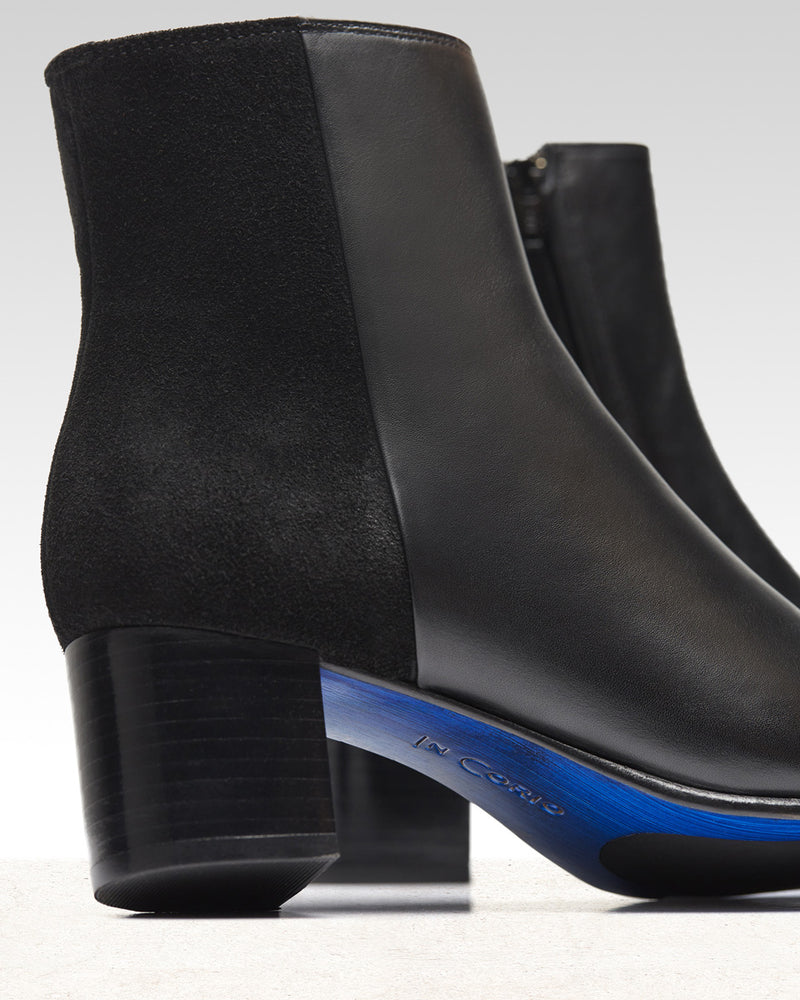 Bottines À Talon Maud - Cuir Et Daim Noir - Semelle Cuir - Femme