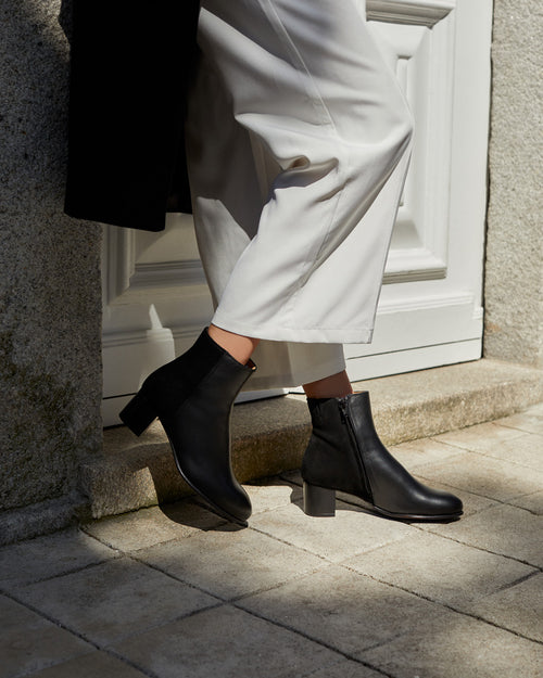 Bottines À Talon Maud - Cuir Et Daim Noir - Semelle Cuir - Femme