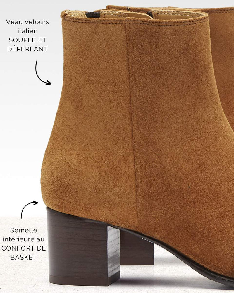 Bottines À Talon Maud - Daim Cognac - Semelle Cuir - Femme