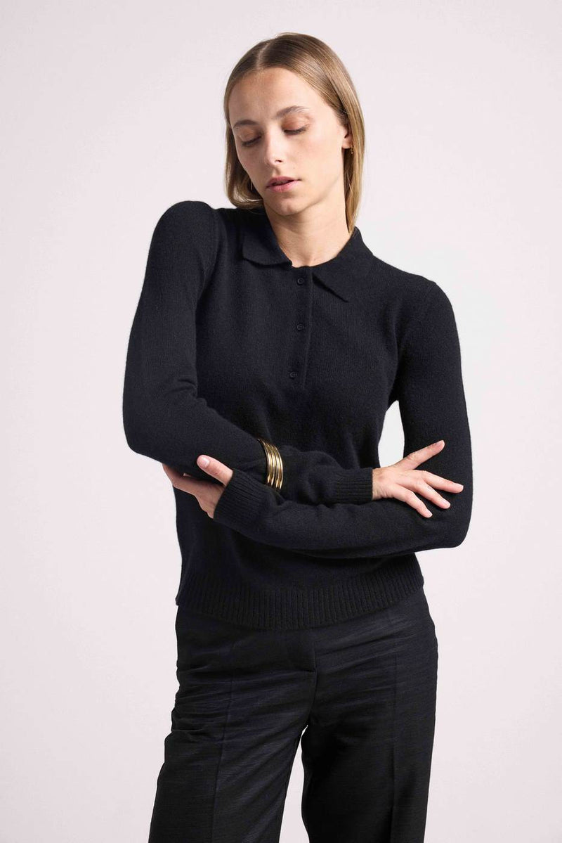 Pull Col Polo Boutons Maxine - Noir - 100% Cachemire Oeko-Tex - Femme