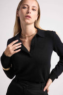 Pull Col Polo Boutons Maxine - Noir - 100% Cachemire Oeko-Tex - Femme