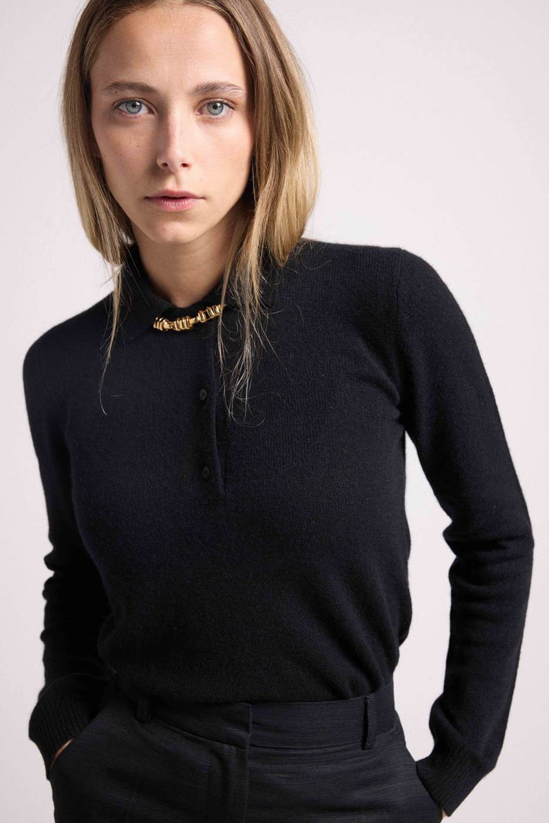 Pull Col Polo Boutons Maxine - Noir - 100% Cachemire Oeko-Tex - Femme