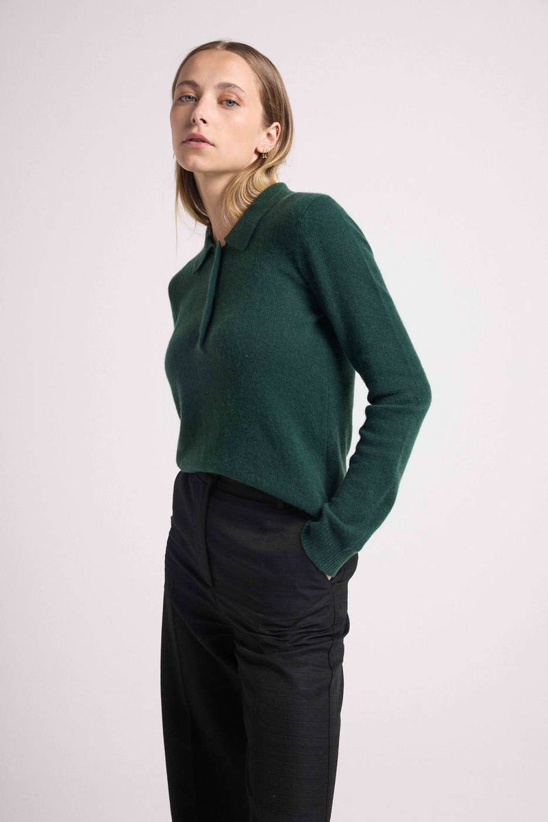 Maxine Button Polo Neck Sweater - Bottle Green - 100% Oeko-Tex Cashmere - Woman