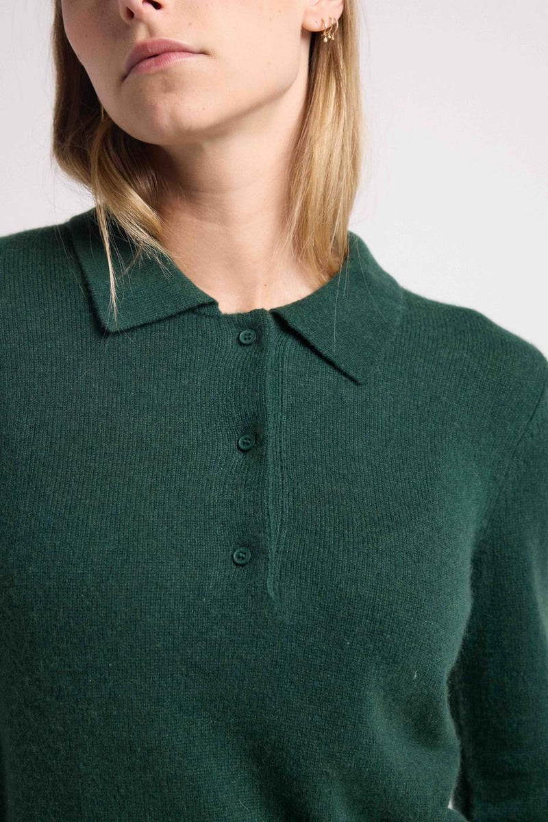 Maxine Button Polo Neck Sweater - Bottle Green - 100% Oeko-Tex Cashmere - Woman