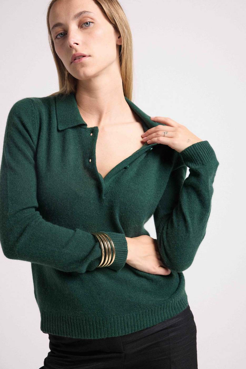 Maxine Button Polo Neck Sweater - Bottle Green - 100% Oeko-Tex Cashmere - Woman