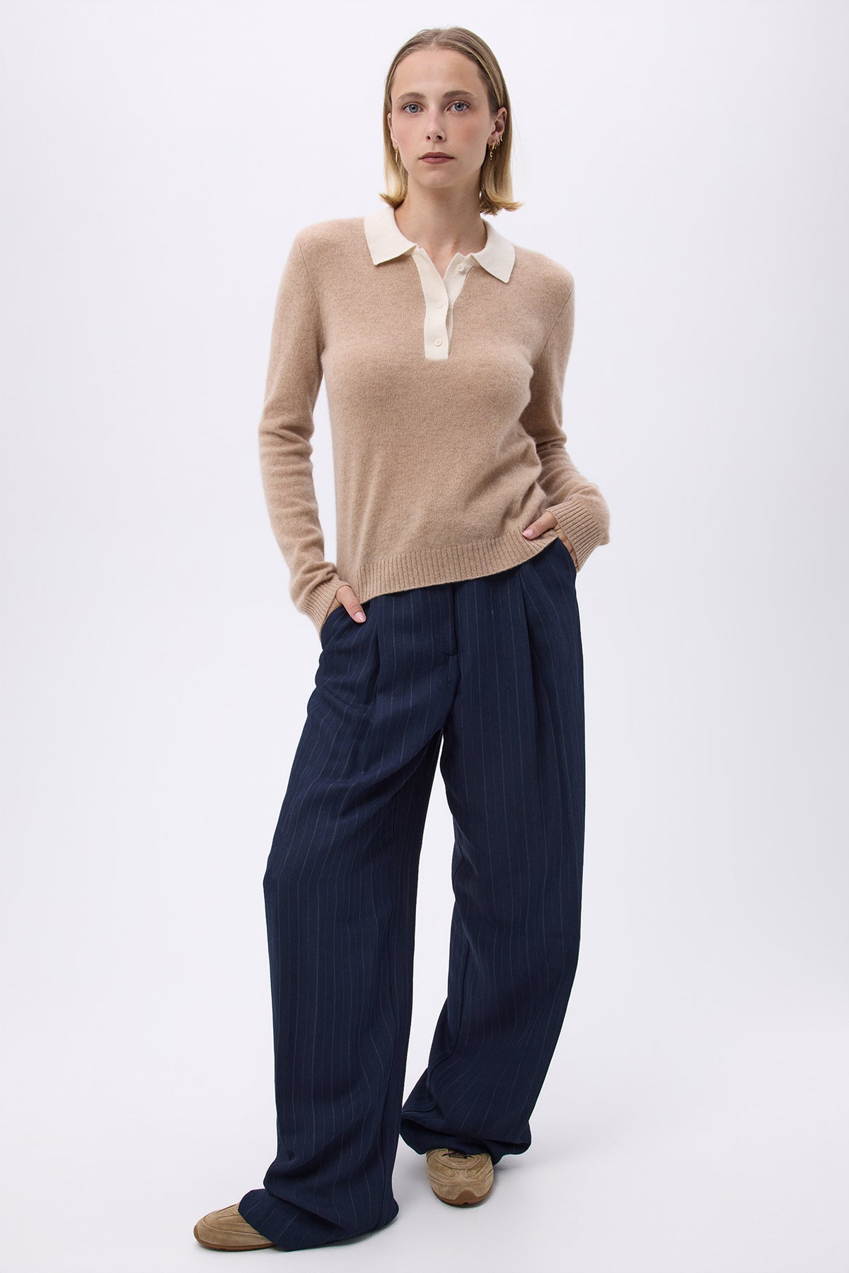 Pull Col Polo À Boutons F Maxine - Beige Blanc - Femme