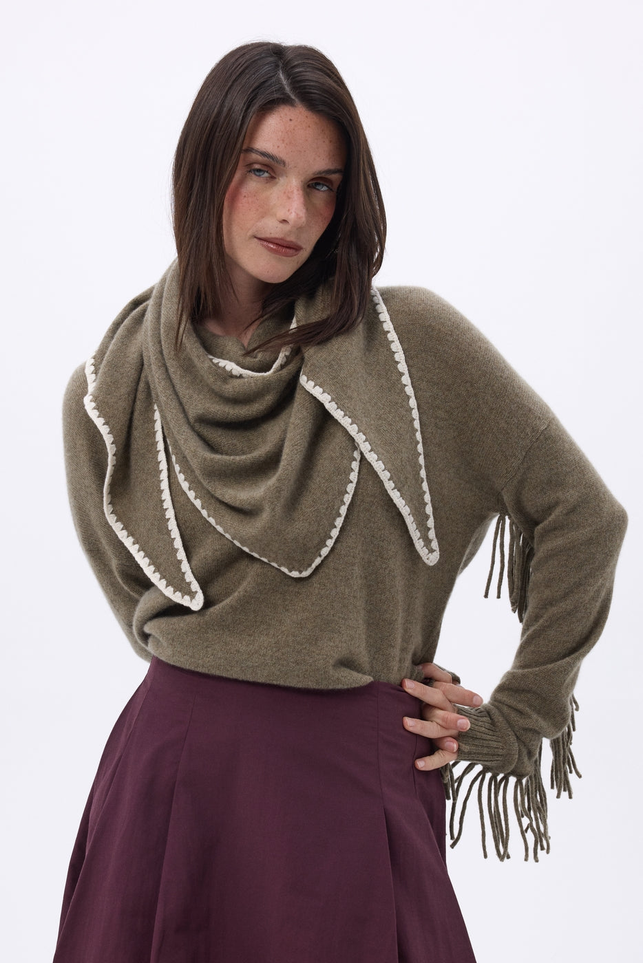 Bufanda bandana oversize triangular con pespuntes Maya - Caqui jaspeado blanco - Mujer
