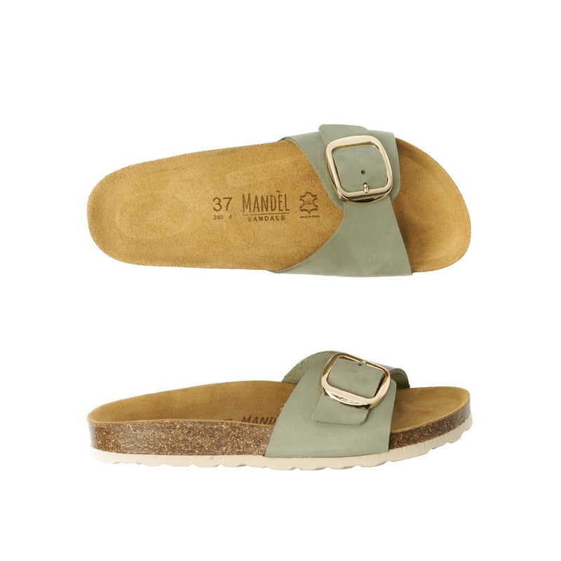 Agata Big Buckle Nubuck Olive Green Clogs - Women's