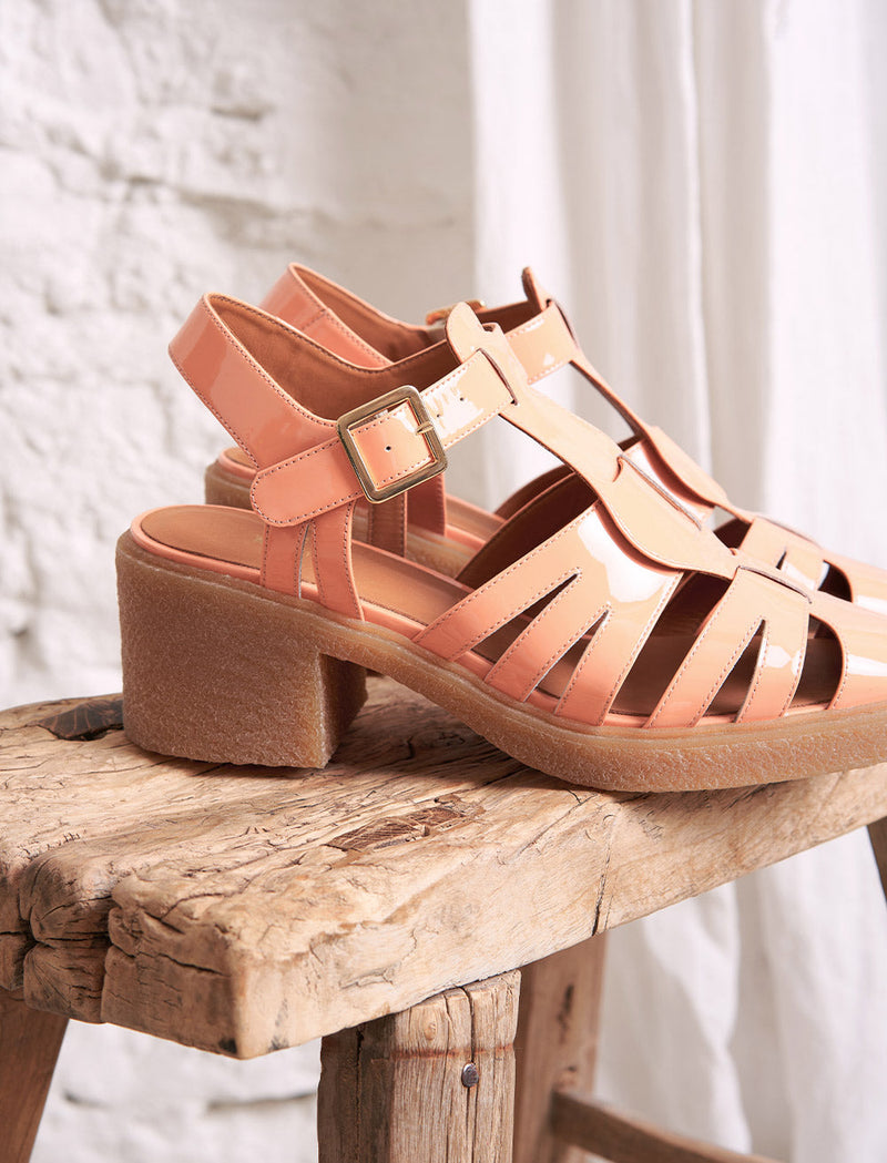 Sandalias Tacón Celeste - Charol Melocotón - Mujer