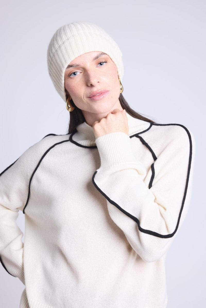 Pull Col Montant Contraste Megan - Blanc Et Noir - Femme