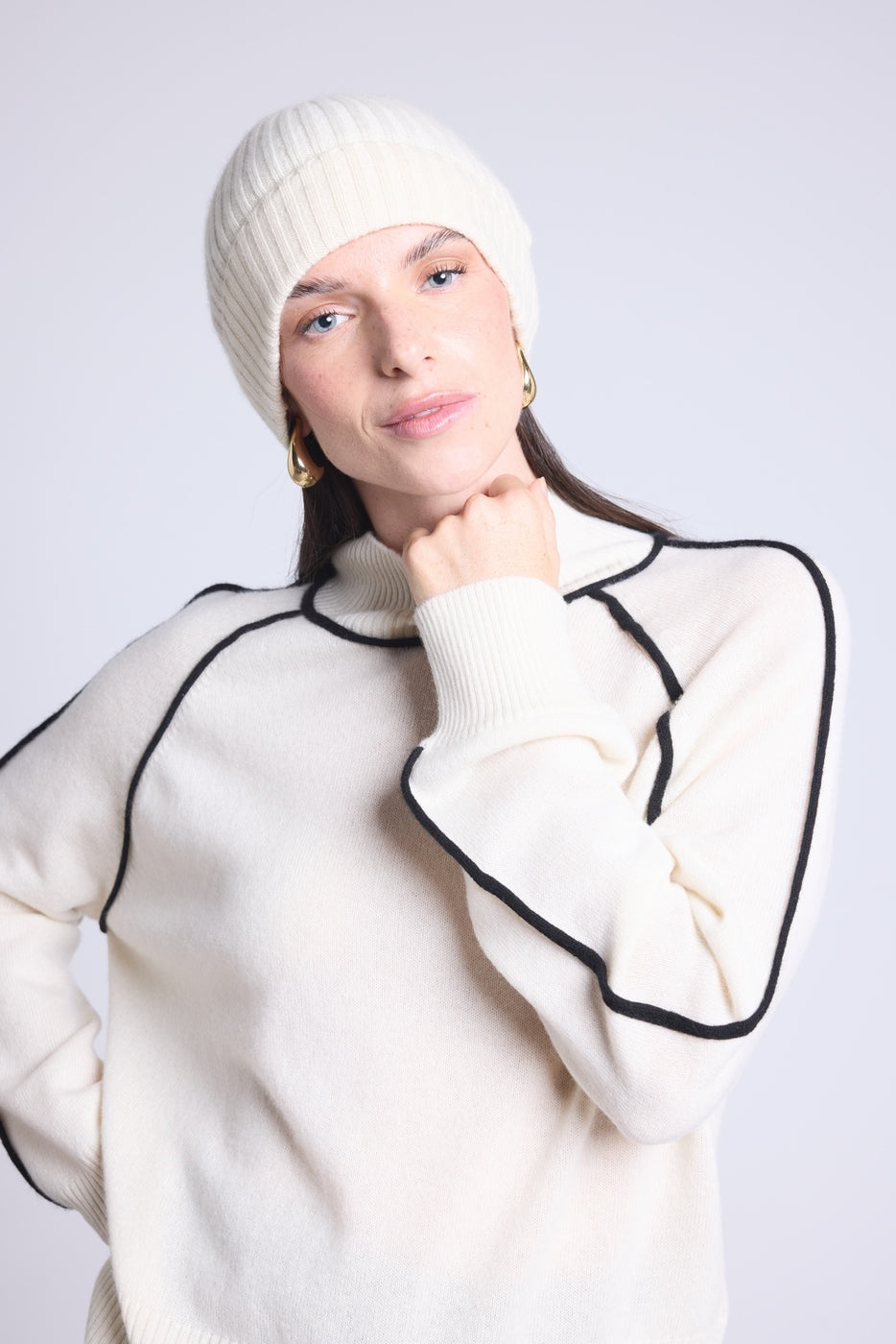 Contrast High Neck Jumper Megan - White and Black - Women