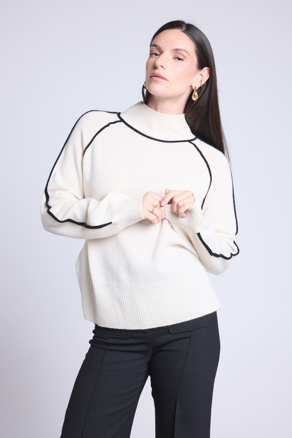 Contrast High Neck Jumper Megan - White and Black - Women
