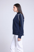Pull Col Montant Contraste Megan - Bleu Marine Et Blanc - Femme
