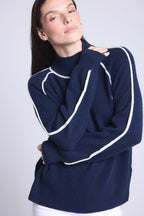 Pull Col Montant Contraste Megan - Bleu Marine Et Blanc - Femme