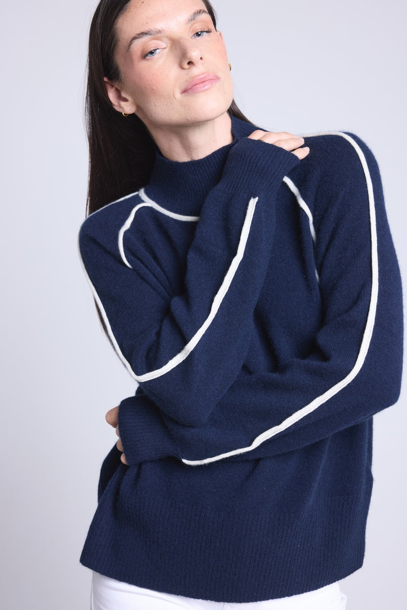 Pull Col Montant Contraste Megan - Bleu Marine Et Blanc - Femme | The